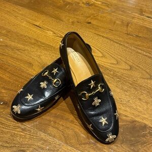 Gucci Black Loafers with Gold Embroidery